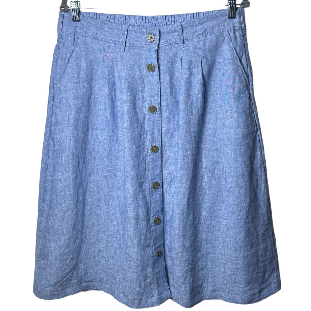 Lands' End Blue 100% Linen Button Front‎ Midi A-Line Skirt Coastal Prairie 12 - Picture 2 of 10